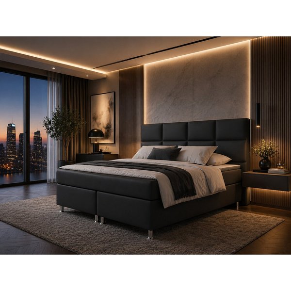 inter Boxspringbett Miami 180x200 cm Kunstleder mit 7-Zonen TFK und Topper (180x200 cm, Schwarz mit 7 Zonen Taschenfederkernmatratzen und Topper), Boxspringbett