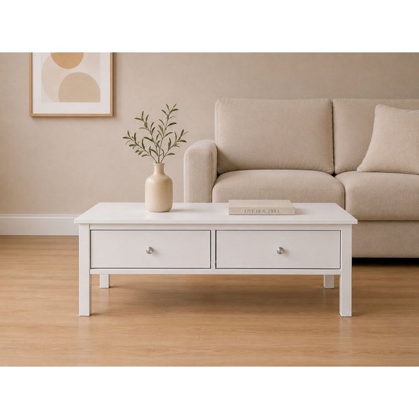 Inter Link Couchtisch Pinora aus massiver Kiefer, weiss lackiert, 110 x 70 x 47 cm (1-St), Salontisch im modernem Skandi Look, mit 2 Schubladen