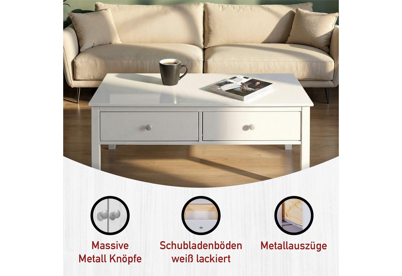 Inter Link Couchtisch Pinora aus massiver Kiefer, weiss lackiert, 110 x 70 x 47 cm (1-St), Salontisch im modernem Skandi Look, mit 2 Schubladen – Bild 3 von 5