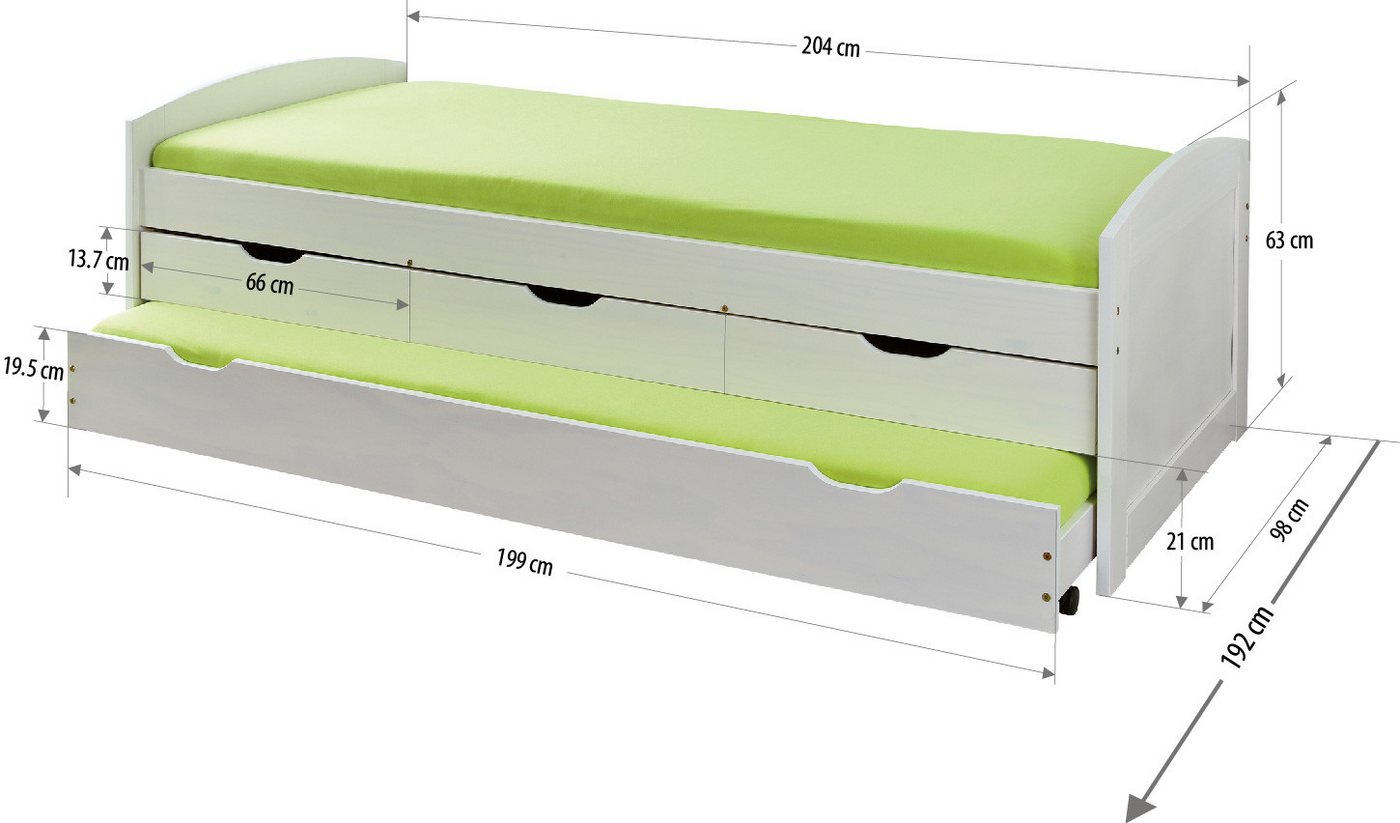 Inter Link Funktionsbett Ulli 90x190, ausziehbare Liegefläche, inkl. Lattenrost, aus Massivholz, Schubladen – Bild 4 von 5