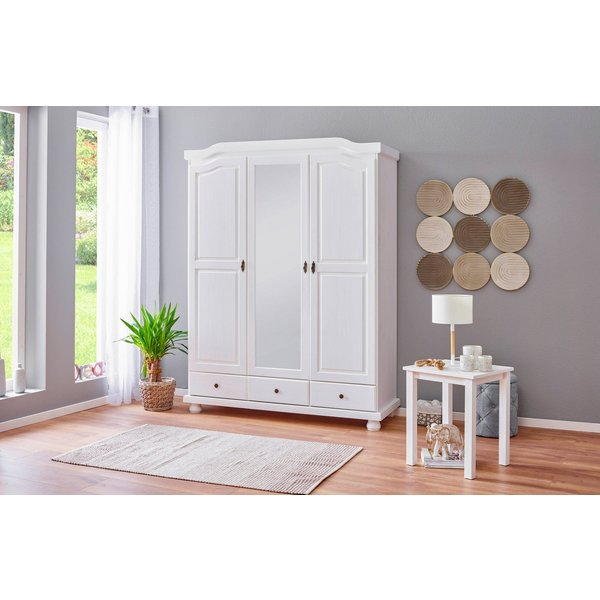 Inter Link Kleiderschrank Kappl Massivholz, 3 Schubladen, Spiegeltür, weiß lackiert, Landhausstil