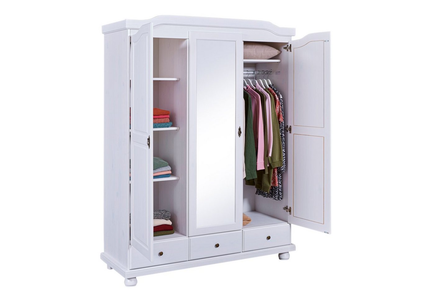 Inter Link Kleiderschrank Kappl Massivholz, 3 Schubladen, Spiegeltür, weiß lackiert, Landhausstil – Bild 4 von 5