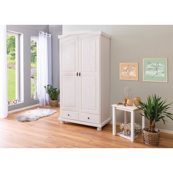 Inter Link Kleiderschrank Reutte Massivholz, 2 Schubladen, Kleiderstange, weiß lackiert, Landhausstil