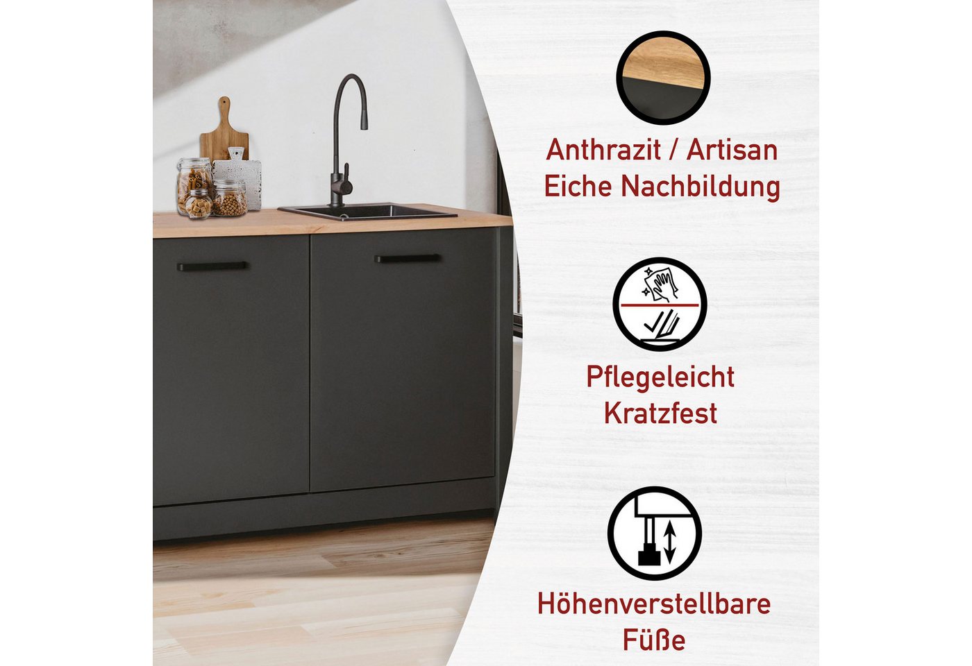 Inter Link Küchenzeile Pienza, Einbauküche, Küchenblock, Küchenmodul, Kompaktküche, Ohne E-Geräte für Spülmaschine Kochfeld Backofen Kühlschrank B: 430 cm – Bild 4 von 5