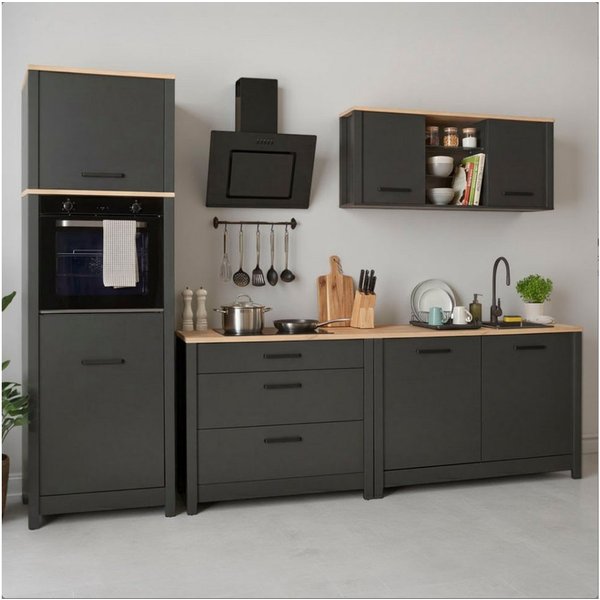 Inter Link Küchenzeile Pienza, Einbauküche, Küchenblock, Küchenmodul, Kompaktküche, Ohne E-Geräte für Spülmaschine Kochfeld Backofen Kühlschrank B: 300 cm