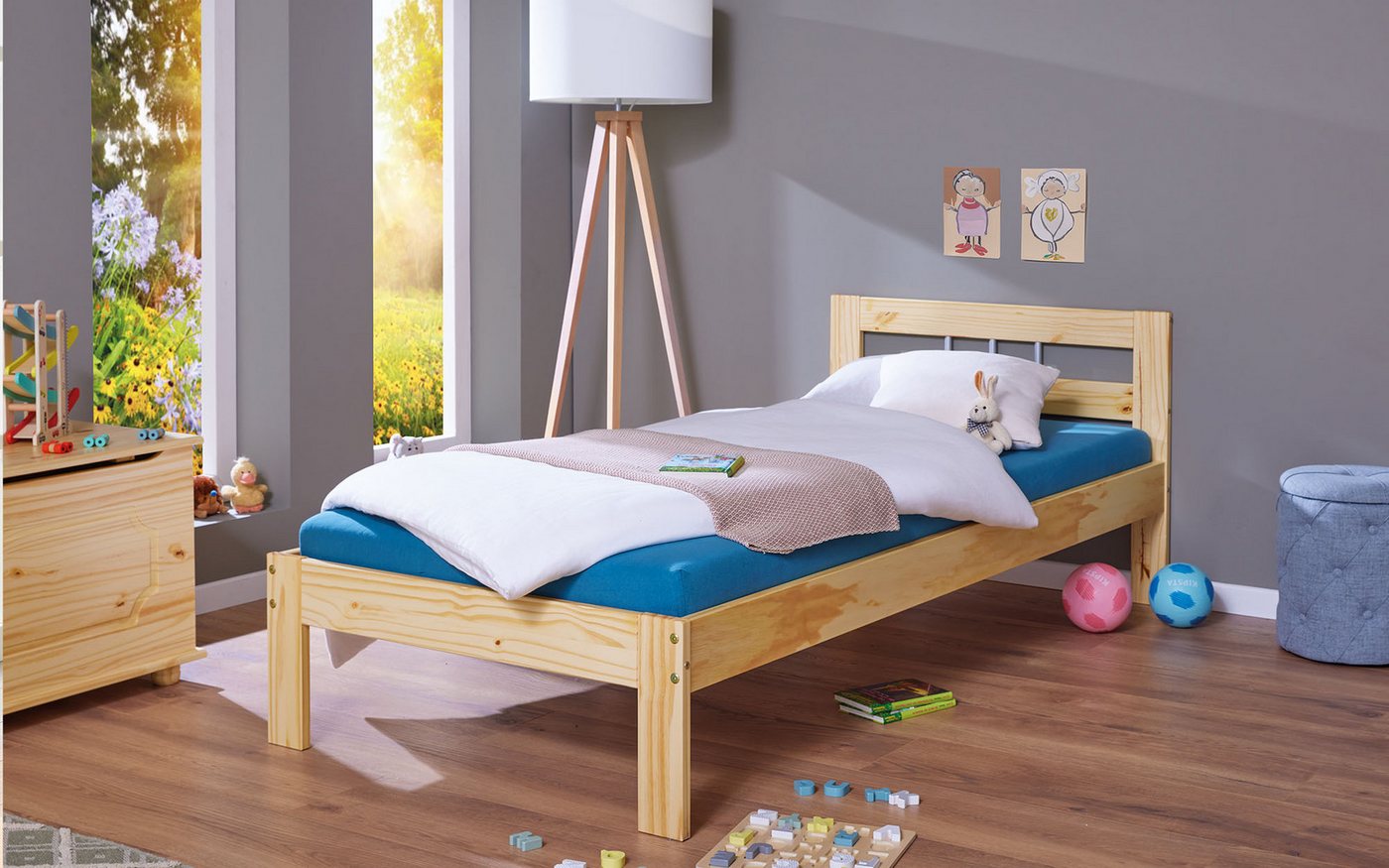 Inter Link Massivholzbett Jana, Einzelbett in Natur, Gästebett, Jugendbett, Kiefer Massiv, ohne Lattenrost, 90 x 200 cm – Bild 2 von 4