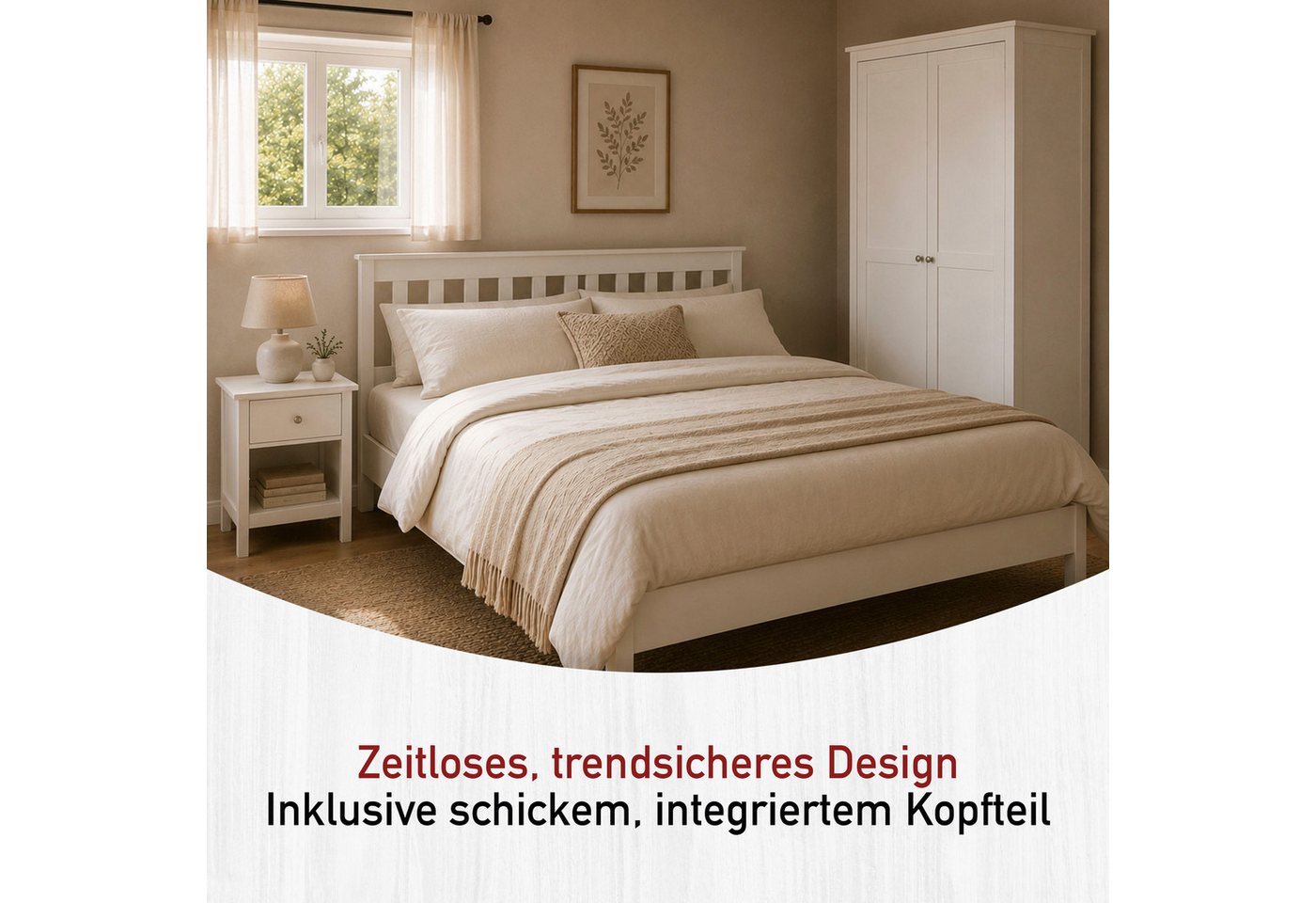 Inter Link Massivholzbett Pinora, 140x200 cm, Kiefer Massivholz, Weiss lackiert, Modernes Bettkopfteil mit vertikalen Streben im Skandi Design – Bild 3 von 5