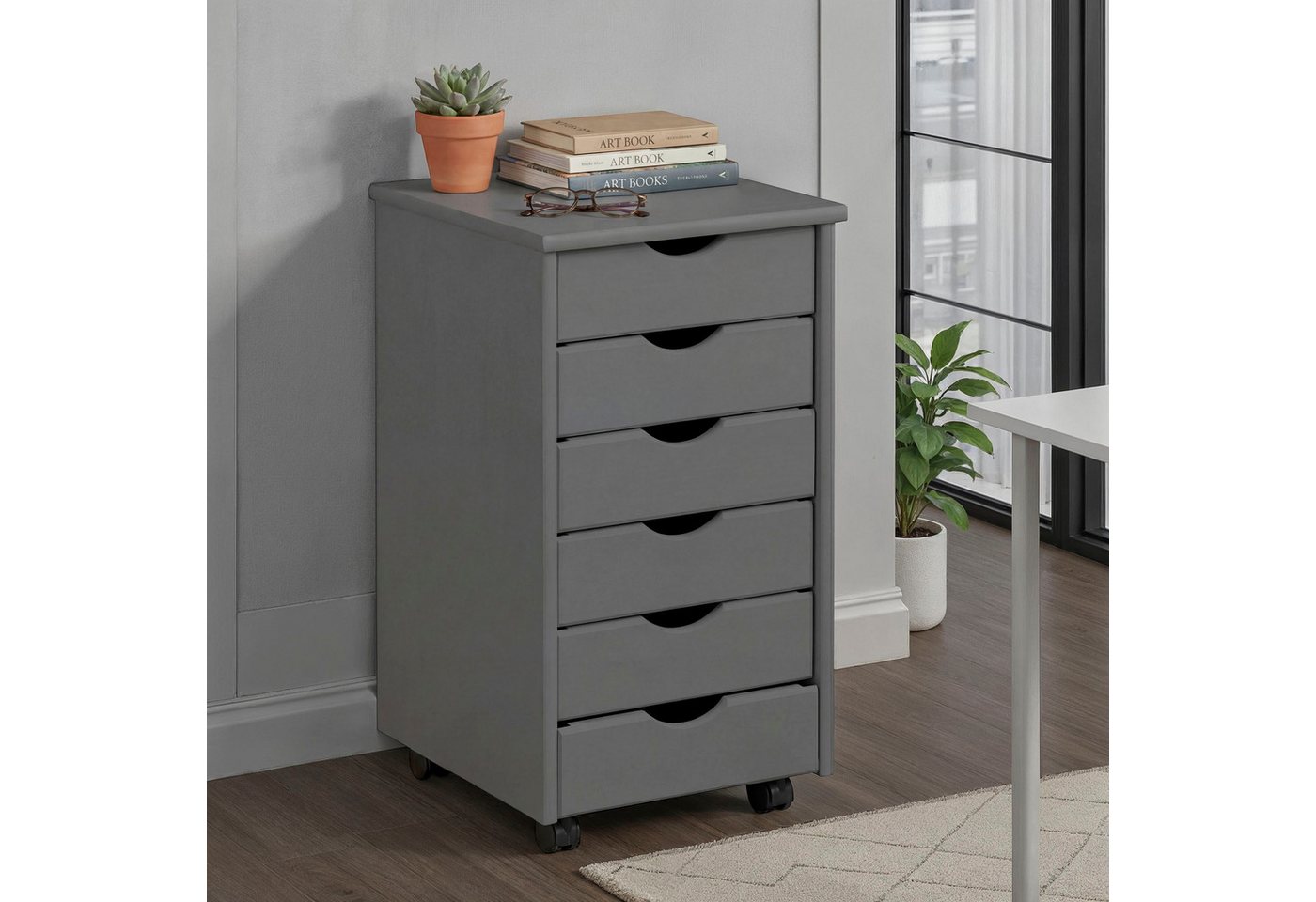 Inter Link Rollcontainer Simon aus massivem Kiefernholz, auf rollen, grau lackiert, (1 St), Bürocontainer mit 6 Schubladen, grifflos, 35 x 39 x 65,6 cm – Bild 2 von 5