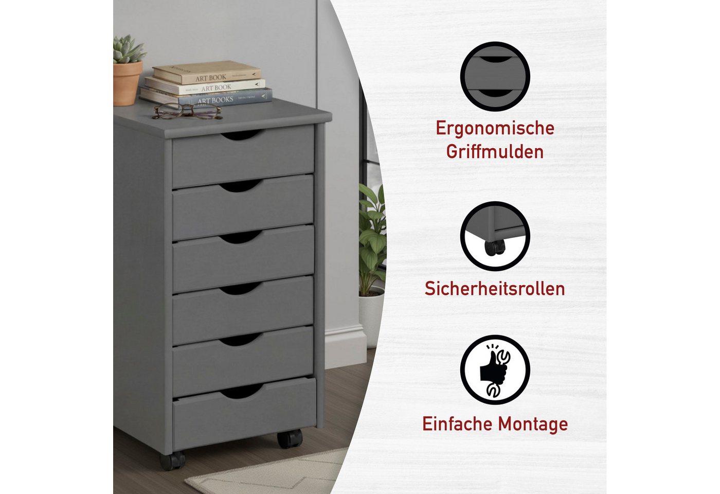 Inter Link Rollcontainer Simon aus massivem Kiefernholz, auf rollen, grau lackiert, (1 St), Bürocontainer mit 6 Schubladen, grifflos, 35 x 39 x 65,6 cm – Bild 3 von 5