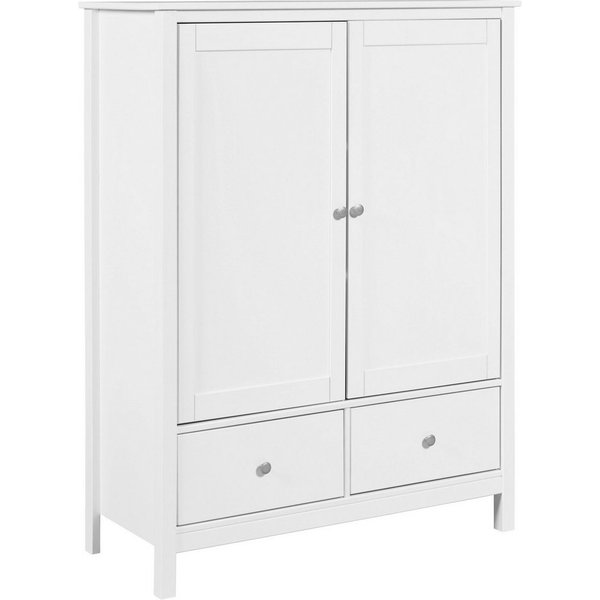 Inter Link Wäscheschrank Pinora, 2 Türen, Kiefer Massivholz Weiss, Silberne Metallgriffe (1-St) Inkl. Einlegeböden & 2 Schubladen, Skandi Look, 107 x 45 x 140 c