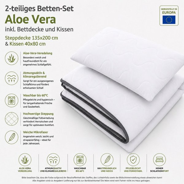 inter Microfaserbettdecke Bettdecke & Kopfkissen, 2-Tlg. Set, Bettdecken-Set, Füllung: Polyester-Hohlfaser, Aloe-Vera, Atmungsaktiv, Hautfreundlich, Klimafaserf
