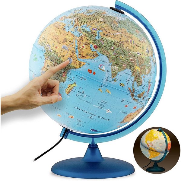 Interkart Landkarten & Globen GmbH Globus Kinder-Leuchtglobus 30 cm mit Tieren, Bauwerken & LED-Beleuchtung, Lernglobus mit Licht