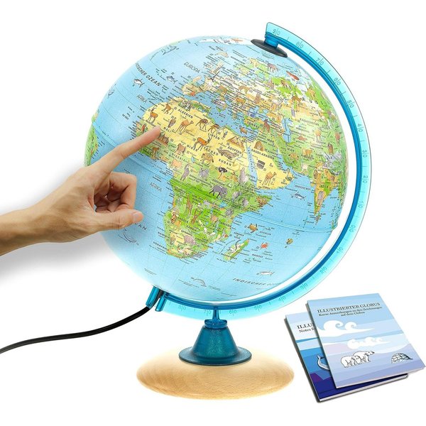 Interkart Landkarten & Globen GmbH Globus Kinder-Leuchtglobus 25 cm mit Tieren, Bauwerken & LED-Beleuchtung, Lernglobus mit Licht, Begleitheft zum Entdecken und