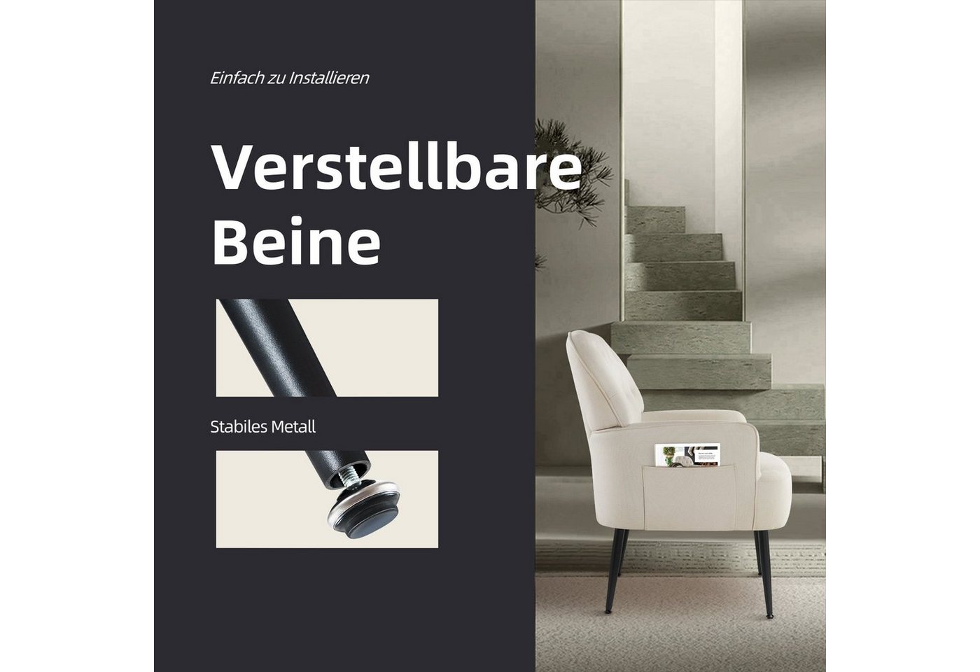 Intimate WM Heart Sessel Einzelsessel, Retro Fernsehsessel mit Metallbeinen, Leinen Loungesessel mit Armlehne für Schlafzimmer Wohnzimmer – Bild 2 von 5