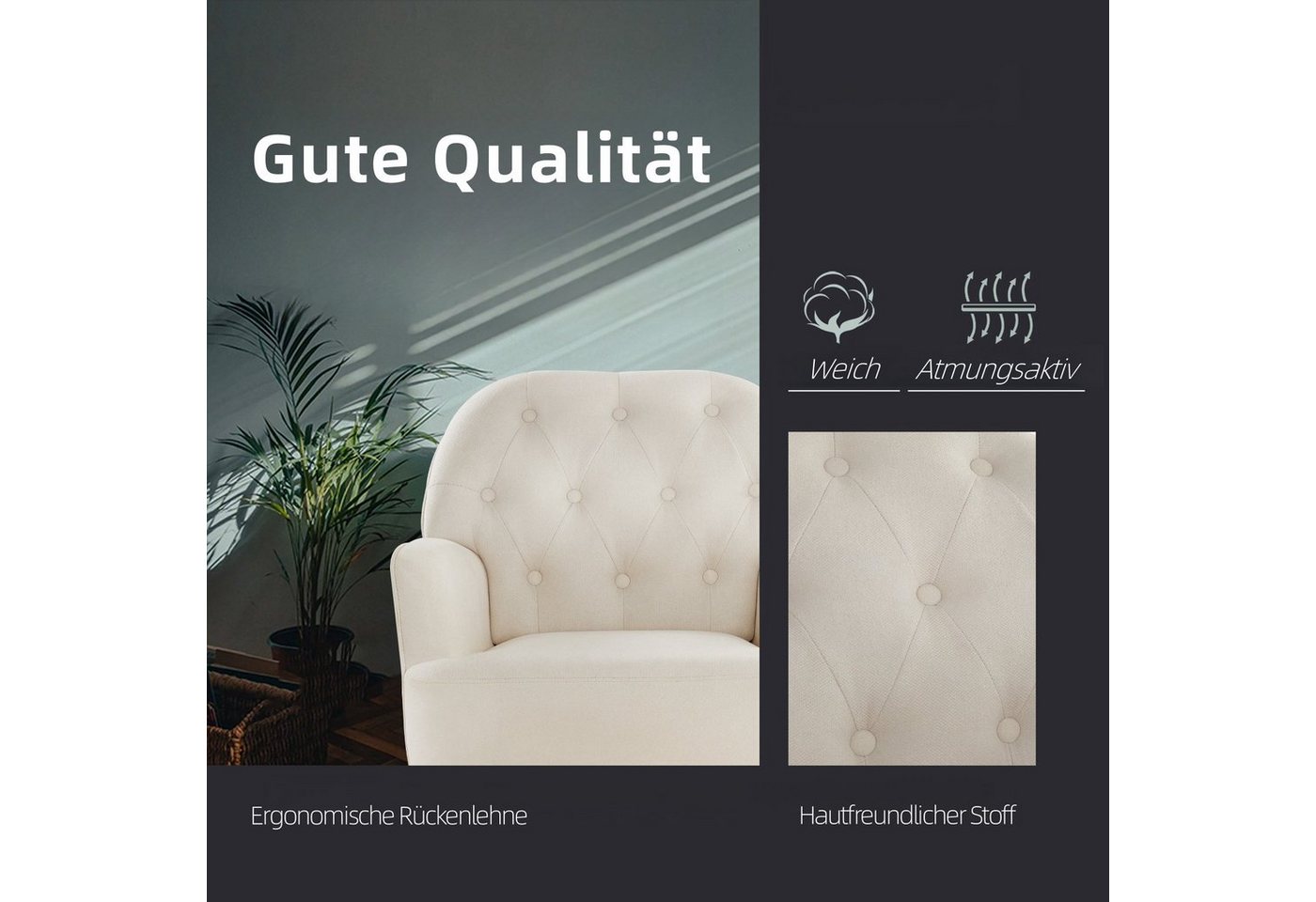 Intimate WM Heart Sessel Einzelsessel, Retro Fernsehsessel mit Metallbeinen, Leinen Loungesessel mit Armlehne für Schlafzimmer Wohnzimmer – Bild 4 von 5