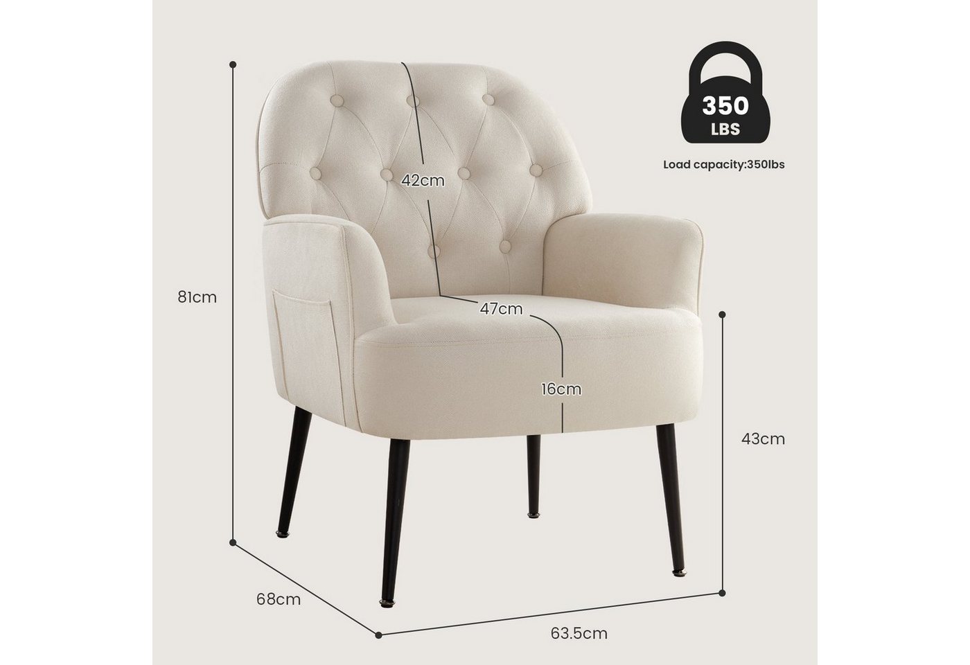 Intimate WM Heart Sessel Einzelsessel, Retro Fernsehsessel mit Metallbeinen, Leinen Loungesessel mit Armlehne für Schlafzimmer Wohnzimmer – Bild 5 von 5