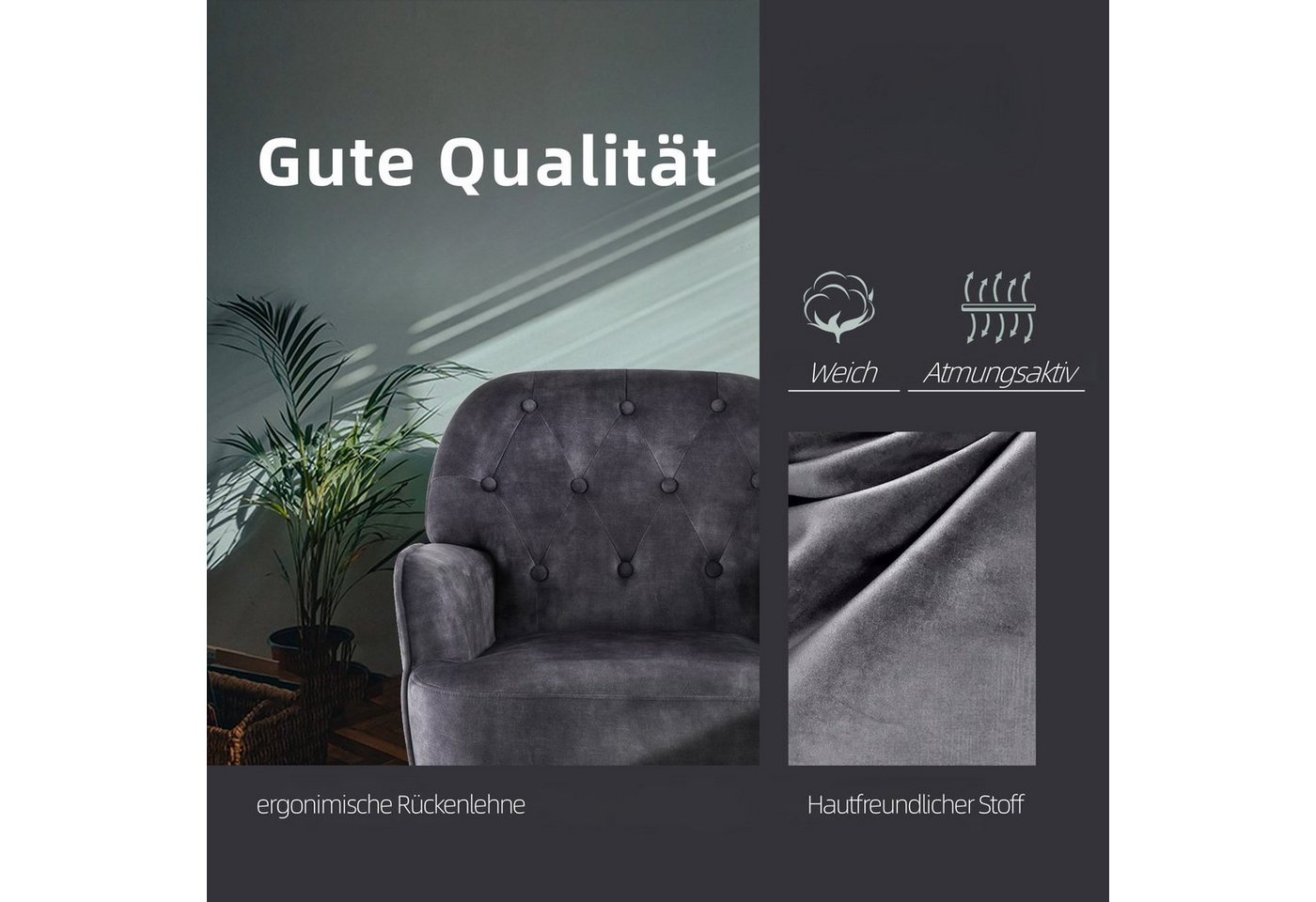 Intimate WM Heart Sessel Einzelsessel, Retro Fernsehsessel mit Metallbeinen, Samt Loungesessel mit Armlehne für Schlafzimmer Wohnzimmer – Bild 3 von 5