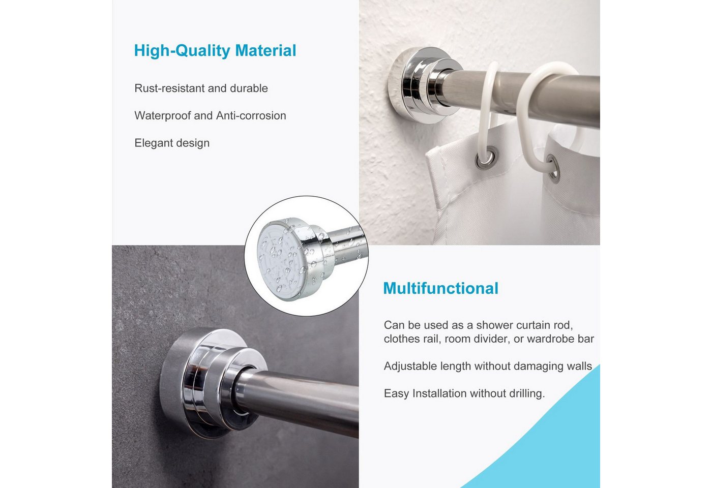 Intirilife Duschvorhangstange, Ø 1.8 mm, geklemmt, Edelstahl, Teleskop Duschstange Duschvorhangstange Ausziehbar Gardinenstange – Bild 5 von 5