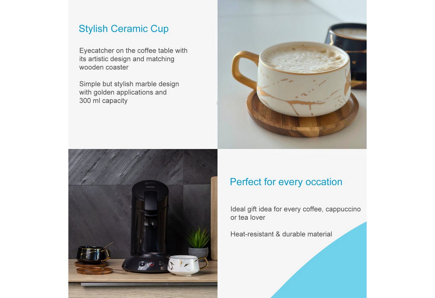 Intirilife Tasse, 6-tlg., Keramik, 6x Kaffeetasse Teetasse Keramik 200ml Tassen Set Untersetzer Becher – Bild 5 von 5