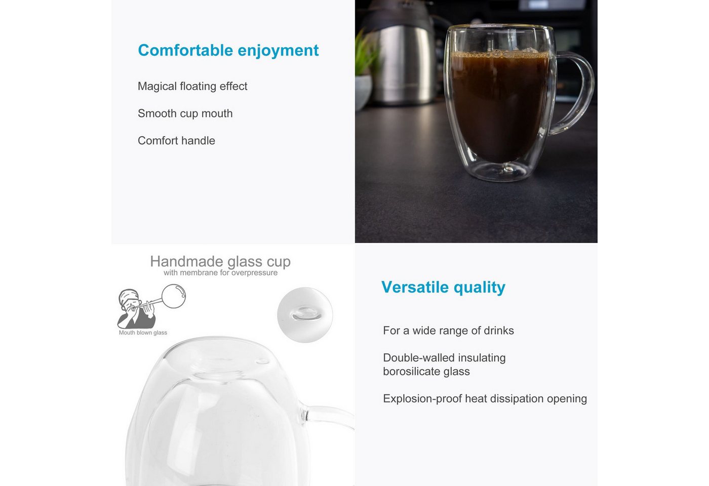 Intirilife Thermoglas, 4-tlg., Glas, Gläser Set Thermoglas Teeglas Kaffeeglas 400ml Doppelwandig (4-tlg) – Bild 5 von 5
