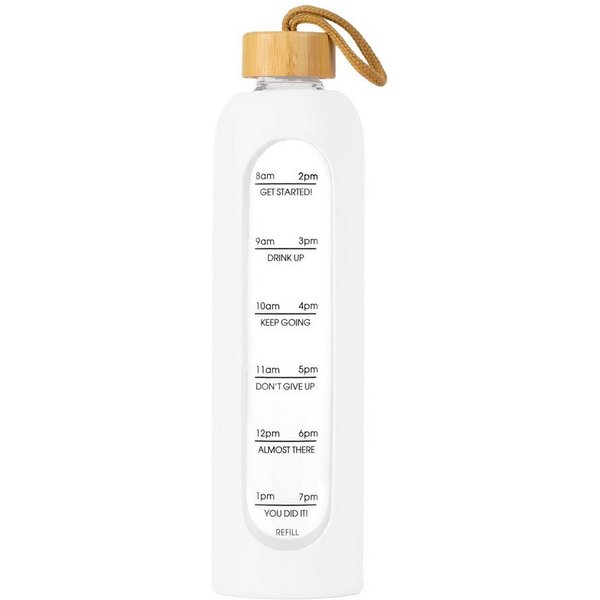 Intirilife Trinkflasche, Motivations Wasser Trinkflasche aus Glas mit Zeitmarkierung bis 900 ml