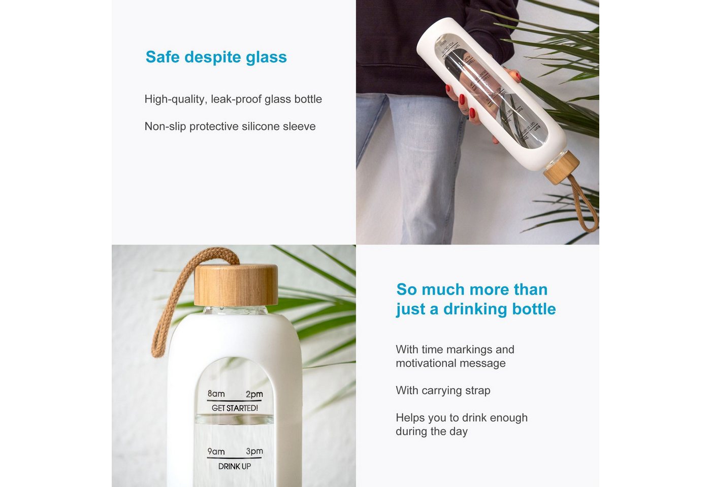 Intirilife Trinkflasche, Motivations Wasser Trinkflasche aus Glas mit Zeitmarkierung bis 900 ml – Bild 3 von 5