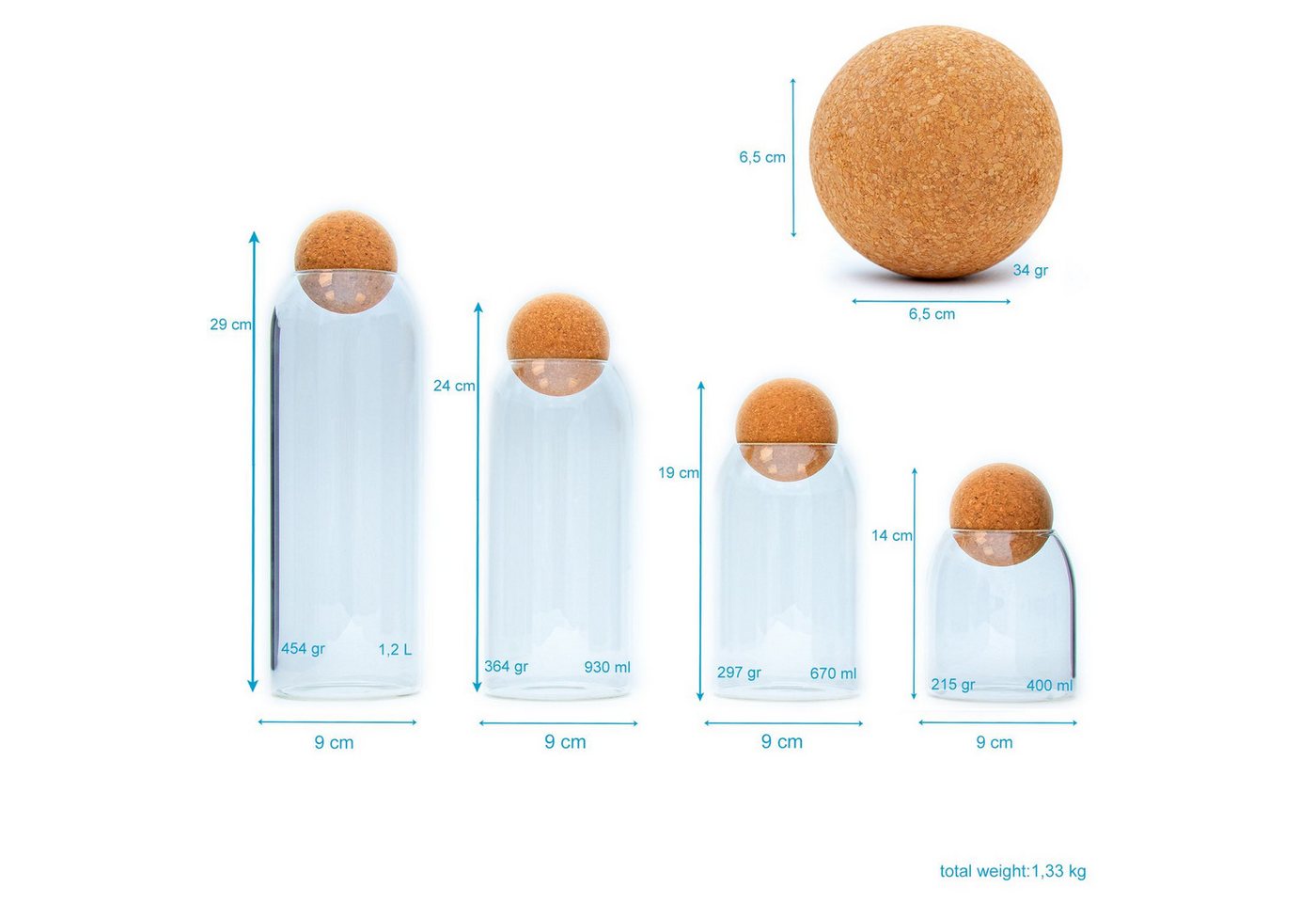Intirilife Vorratsglas, Glas, (Set, 4-tlg., 4-teiliges Set), Aufbewahrungsbehälter Set aus Glas mit Kork-Kugel (4-teiliges Set) – Bild 2 von 5