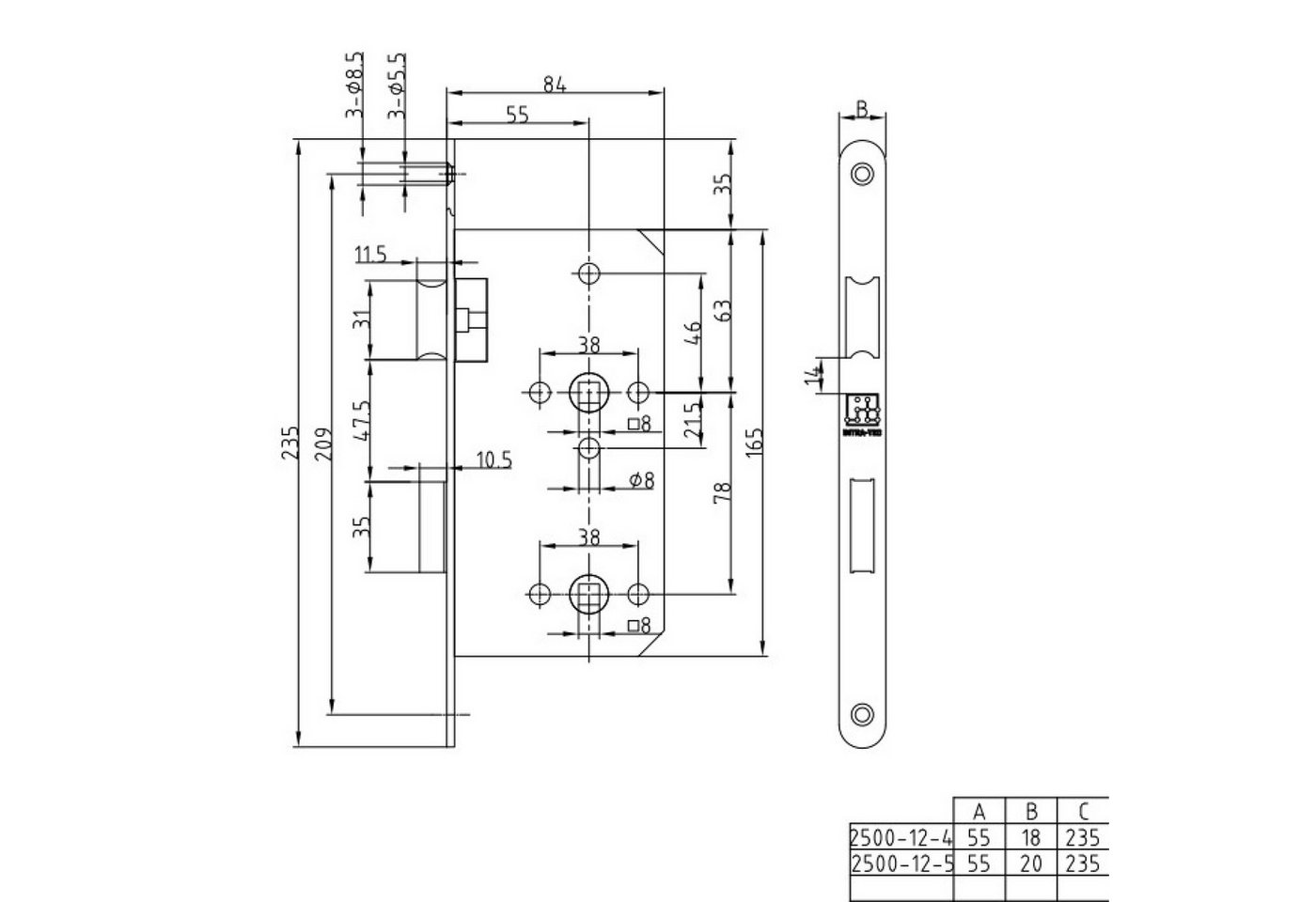 INTRA-TEC Einsteckschloss WC-Türschloss, Dornmaß 55 mm, 1-tlg., Entfernung 78 mm, Stulp 18 × 235 mm, DIN L/R – Bild 4 von 4