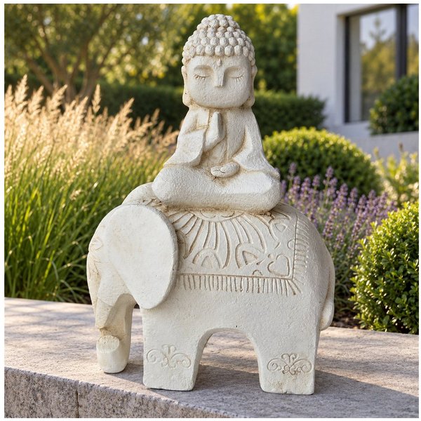 INtrenDU Gartenfigur Buddha auf Elefant 56 cm, Steinoptik Creme/Weiß, meditierend im Lotussitz, Relief-Decke mit Ornamenten