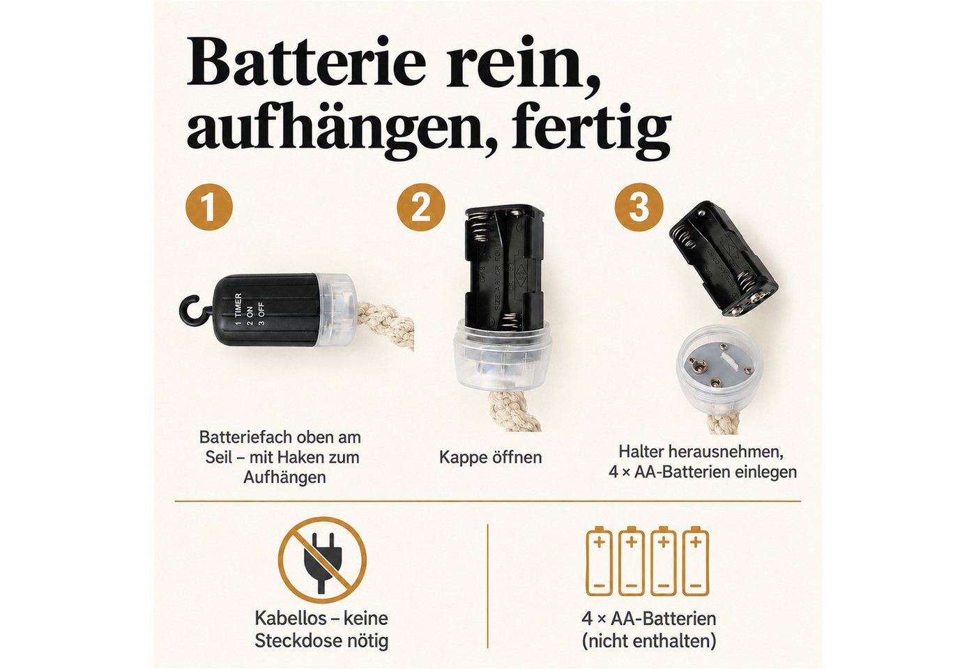 INtrenDU LED-Leuchte am Makramee-Seil, Glaskugel Ø 15 cm, 112 cm lang, batteriebetrieben, Fernbedienung mit Timer – Bild 2 von 5