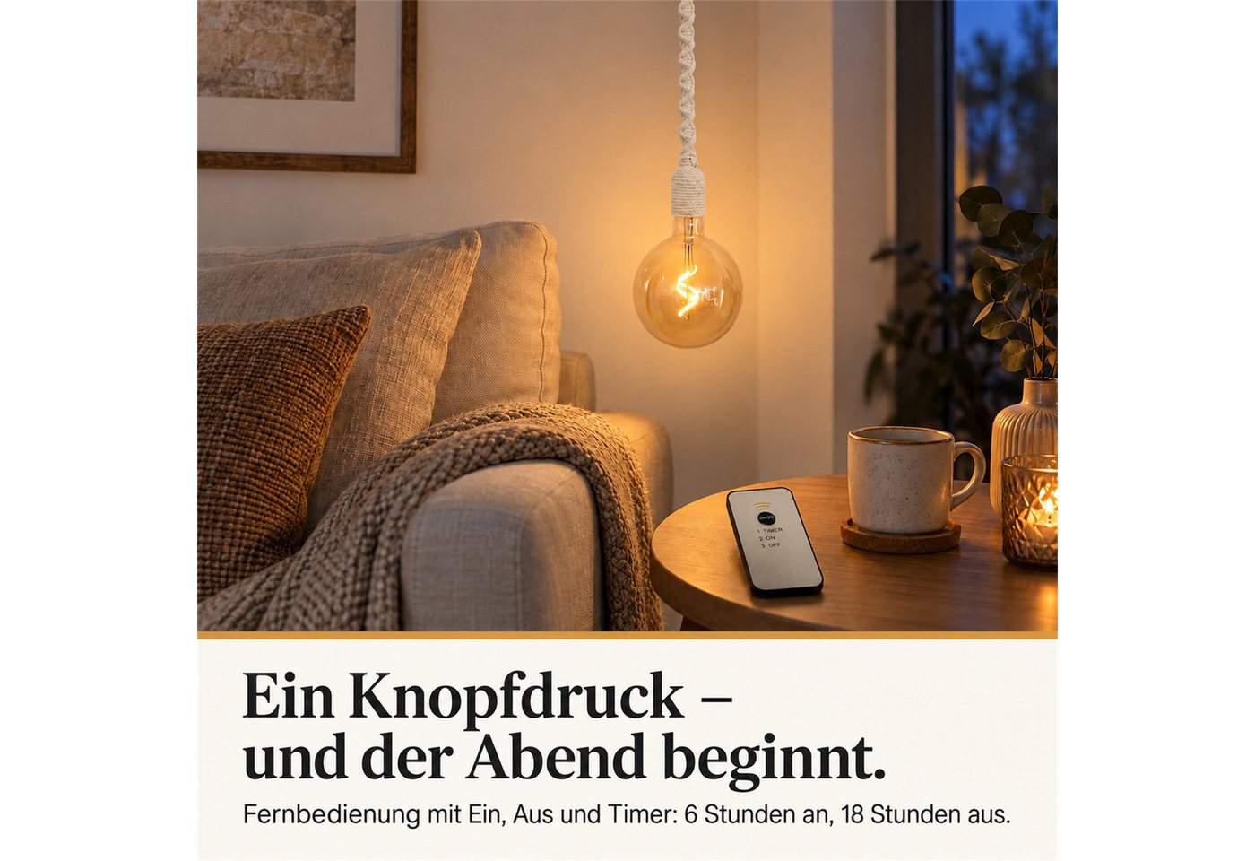 INtrenDU LED-Leuchte am Makramee-Seil, Glaskugel Ø 15 cm, 112 cm lang, batteriebetrieben, Fernbedienung mit Timer – Bild 3 von 5