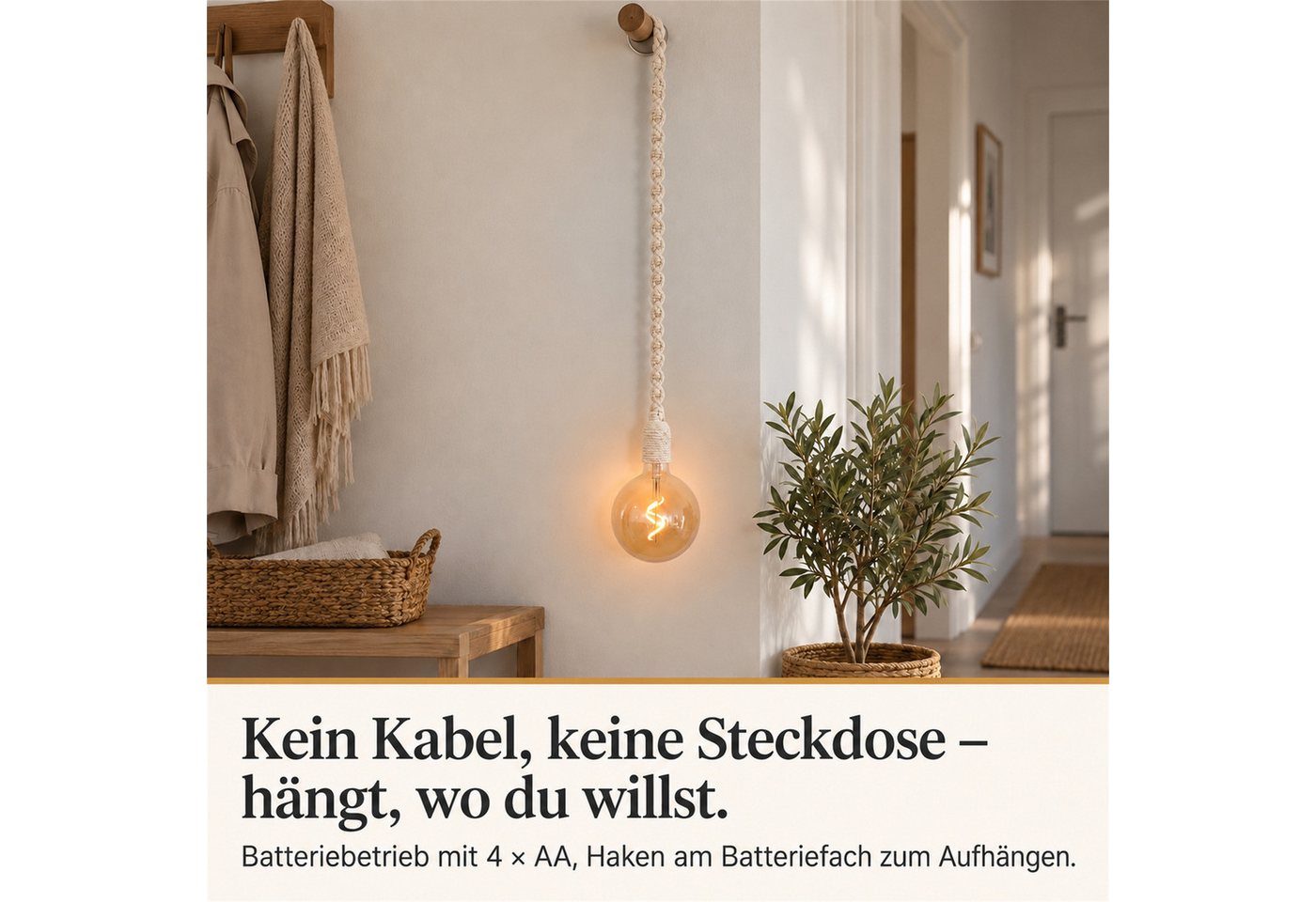 INtrenDU LED-Leuchte am Makramee-Seil, Glaskugel Ø 15 cm, 112 cm lang, batteriebetrieben, Fernbedienung mit Timer – Bild 4 von 5