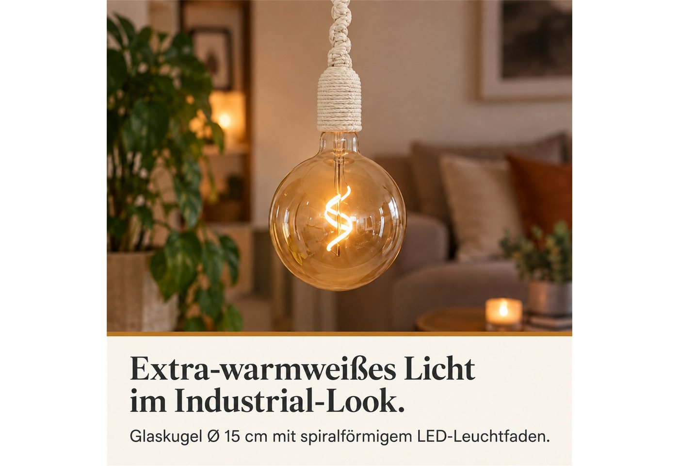 INtrenDU LED-Leuchte am Makramee-Seil, Glaskugel Ø 15 cm, 112 cm lang, batteriebetrieben, Fernbedienung mit Timer – Bild 5 von 5