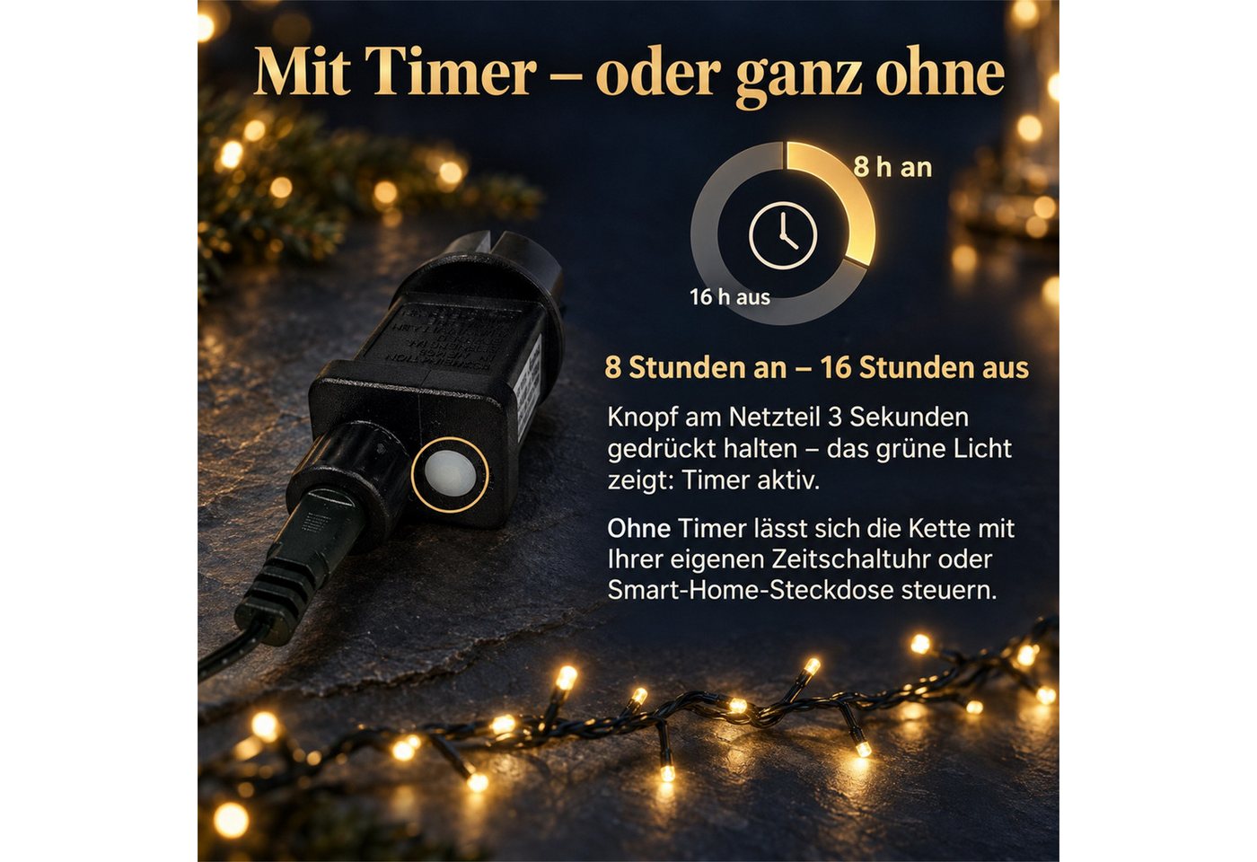 INtrenDU LED-Lichterkette Lichterkette warmeiß 1500LED 30m, mit itegriertem Timer, Beleuchtungsprogrammen und Memoryfunktion – Bild 5 von 5
