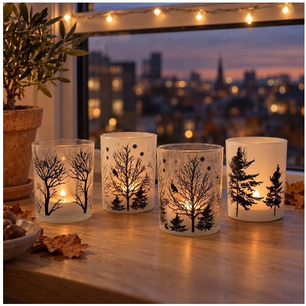 INtrenDU Teelichthalter Windlichter aus Glas, Baum-Motive, je 10 cm hoch (4er-Set), Winterwald mit Eule und Tannen
