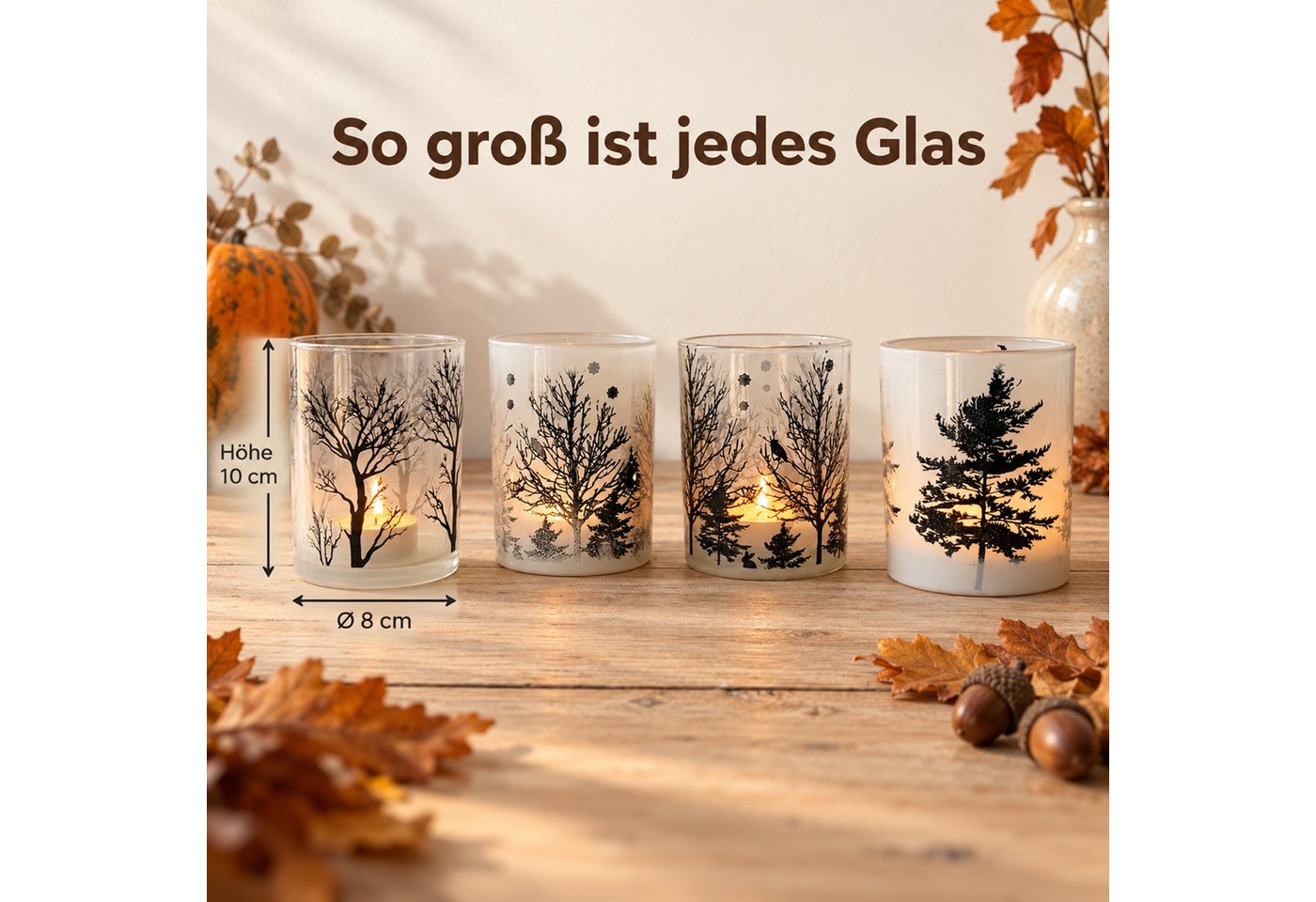 INtrenDU Teelichthalter Windlichter aus Glas, Baum-Motive, je 10 cm hoch (4er-Set), Winterwald mit Eule und Tannen – Bild 2 von 5