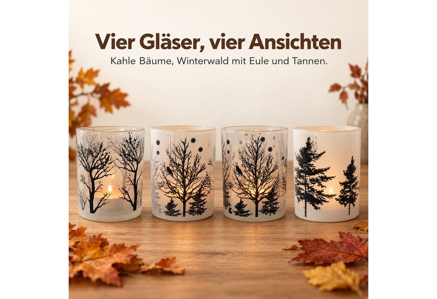 INtrenDU Teelichthalter Windlichter aus Glas, Baum-Motive, je 10 cm hoch (4er-Set), Winterwald mit Eule und Tannen – Bild 3 von 5
