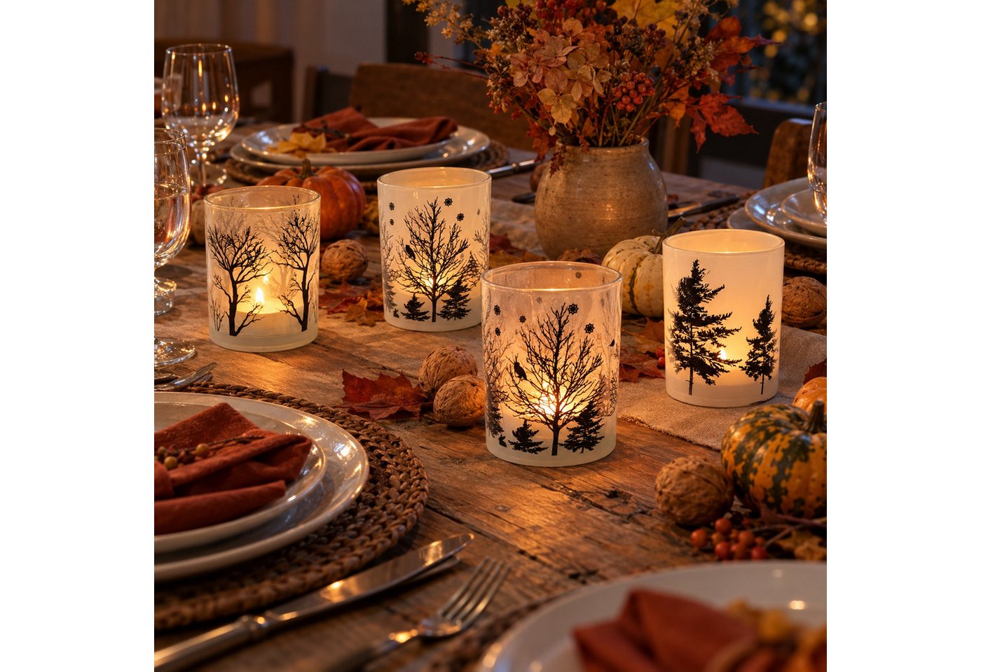 INtrenDU Teelichthalter Windlichter aus Glas, Baum-Motive, je 10 cm hoch (4er-Set), Winterwald mit Eule und Tannen – Bild 5 von 5