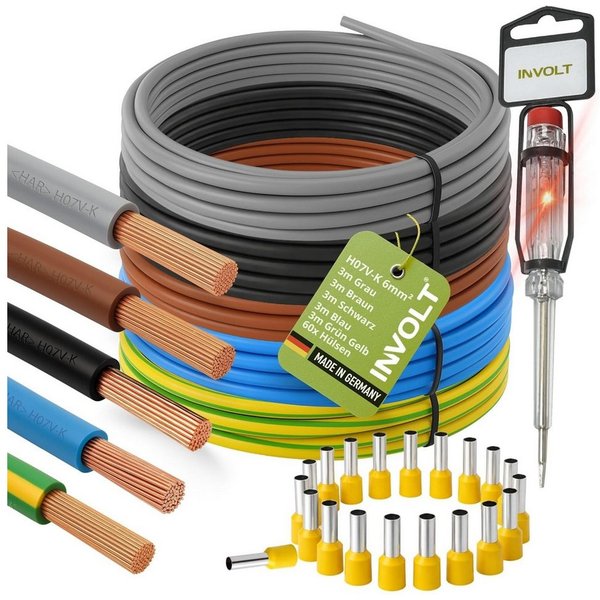INVOLT H07V-K 6 mm² Verdrahtungsleitung 5x 1m Set, Hülsen + Spannungsprüfer Stromkabel