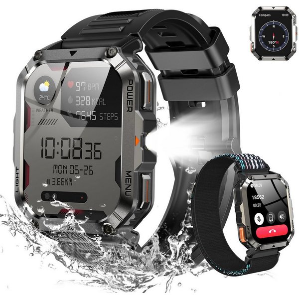 IOWODO Robuste Herren-Smartwatch, Bluetooth-Anrufe, 20-Tage-Akku, Outdoor-Pro Smartwatch Set, mit Wechselband aus weichemSilikon und Ladekabel, 900 mAh,Kompass 