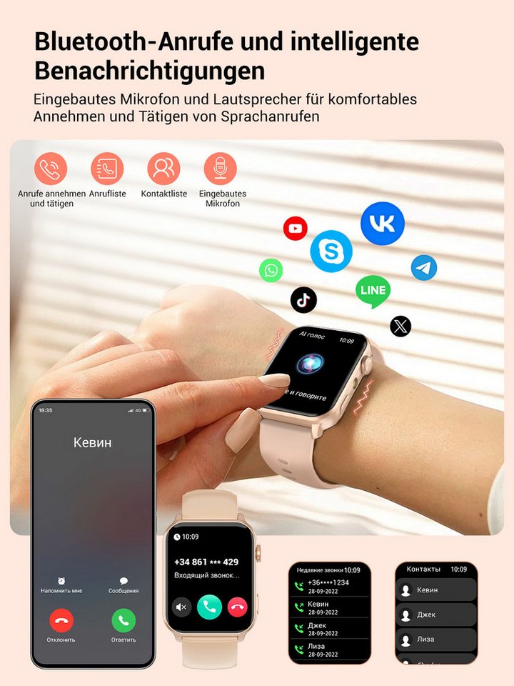 IOWODO Smartwatch Damen Herren 1,91" HD Touch, mit LED Lampe& Bluetooth Anruf Smartwatch, 3xRiemen (Metallarmband+Silikonarmband+Geflochtenesband) und Ladekabel – Bild 2 von 5