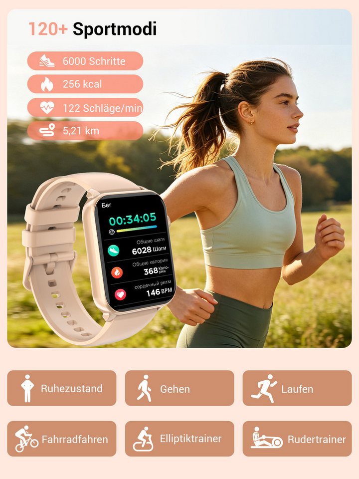 IOWODO Smartwatch Damen Herren 1,91" HD Touch, mit LED Lampe& Bluetooth Anruf Smartwatch, 3xRiemen (Metallarmband+Silikonarmband+Geflochtenesband) und Ladekabel – Bild 4 von 5