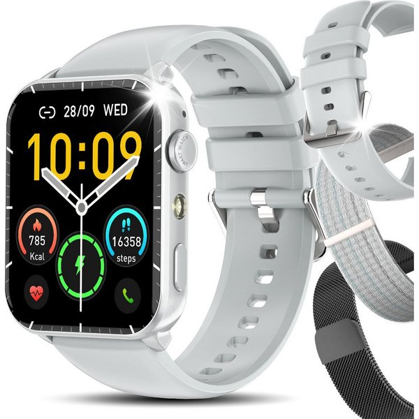 IOWODO Smartwatch Damen Herren 1,91" HD Touch, mit LED Lampe& Bluetooth Anruf Smartwatch, 3xRiemen (Metallarmband+Silikonarmband+Geflochtenesband) und Ladekabel