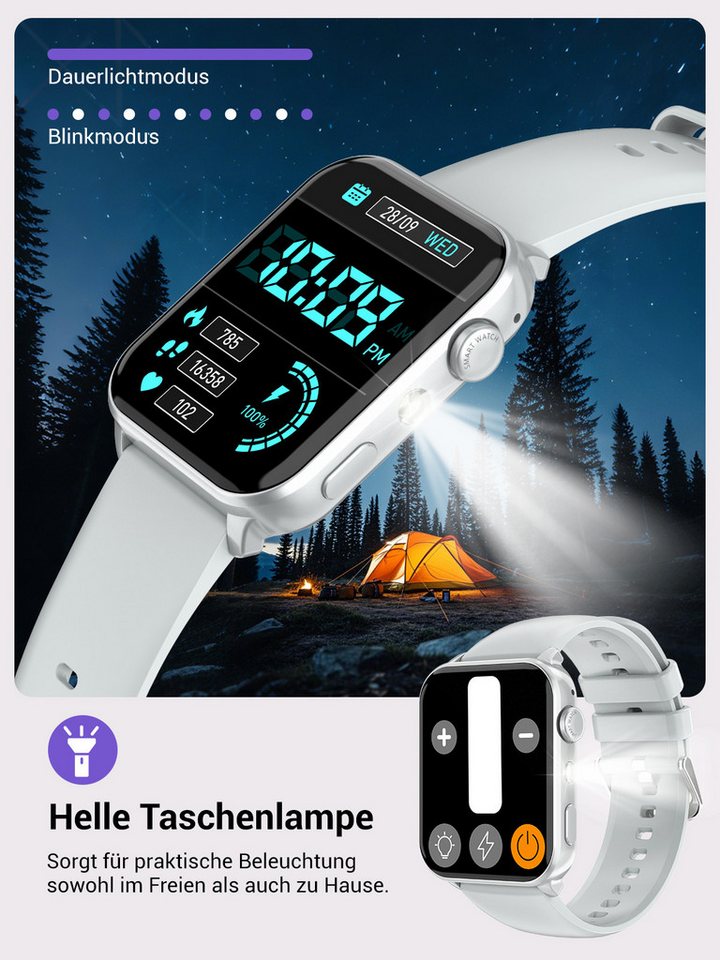 IOWODO Smartwatch Damen Herren 1,91" HD Touch, mit LED Lampe& Bluetooth Anruf Smartwatch, 3xRiemen (Metallarmband+Silikonarmband+Geflochtenesband) und Ladekabel – Bild 2 von 5