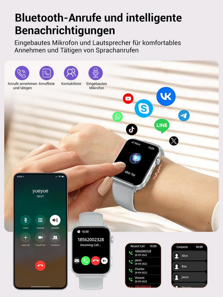 IOWODO Smartwatch Damen Herren 1,91" HD Touch, mit LED Lampe& Bluetooth Anruf Smartwatch, 3xRiemen (Metallarmband+Silikonarmband+Geflochtenesband) und Ladekabel – Bild 3 von 5