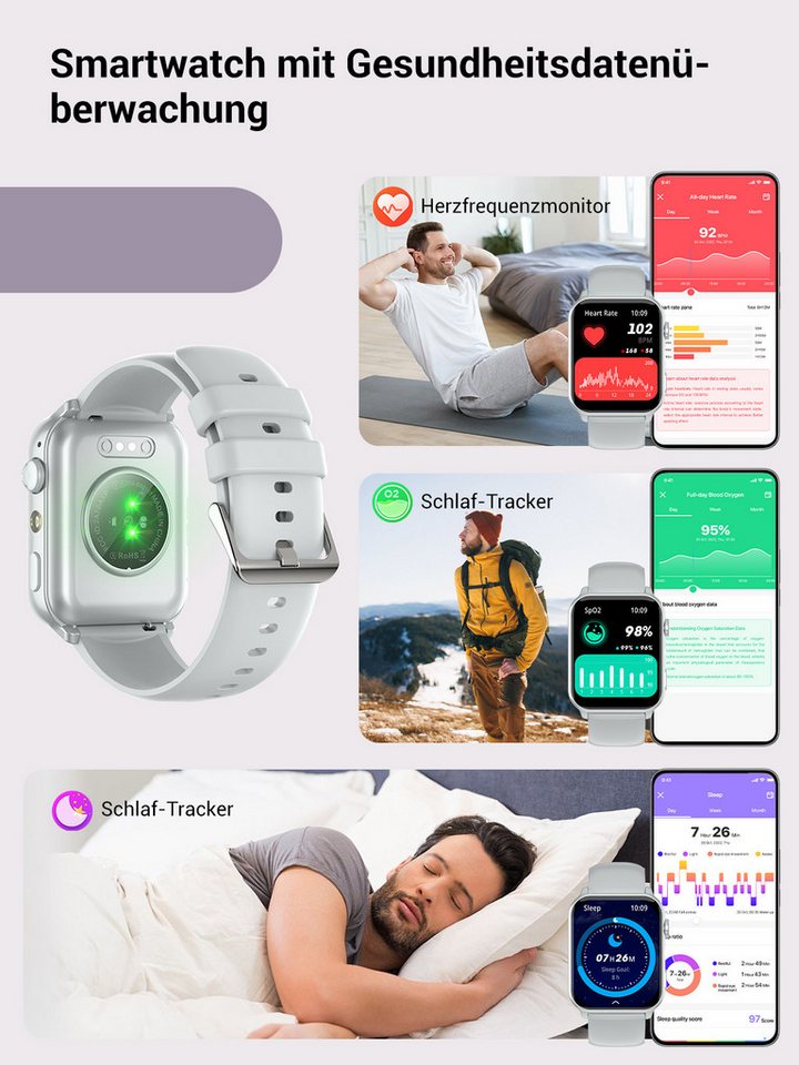 IOWODO Smartwatch Damen Herren 1,91" HD Touch, mit LED Lampe& Bluetooth Anruf Smartwatch, 3xRiemen (Metallarmband+Silikonarmband+Geflochtenesband) und Ladekabel – Bild 4 von 5
