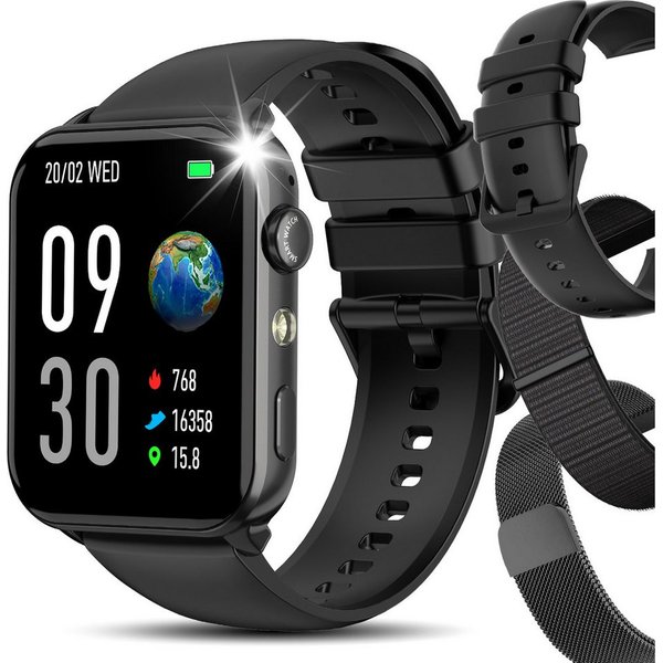 IOWODO Smartwatch Damen Herren 1,91" HD Touch, mit LED Lampe& Bluetooth Anruf Smartwatch, 3xRiemen (Metallarmband+Silikonarmband+Geflochtenesband) und Ladekabel