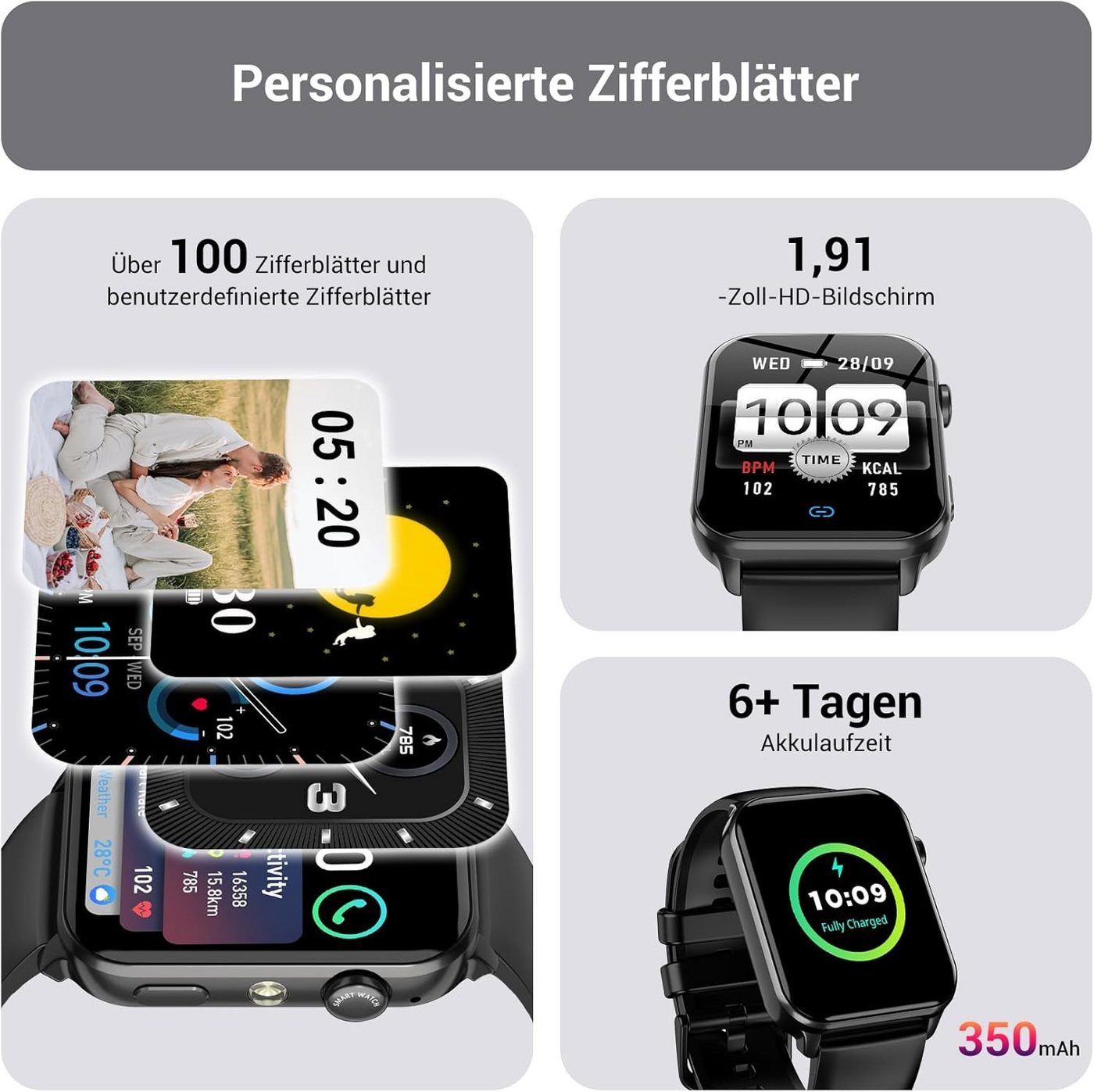 IOWODO Smartwatch Damen Herren 1,91" HD Touch, mit LED Lampe& Bluetooth Anruf Smartwatch, 3xRiemen (Metallarmband+Silikonarmband+Geflochtenesband) und Ladekabel – Bild 2 von 5