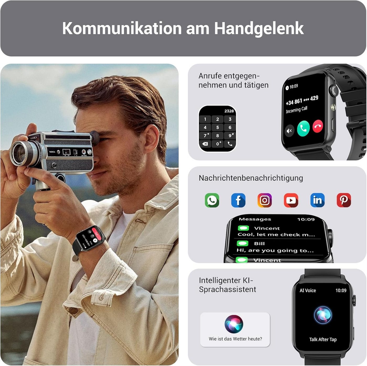 IOWODO Smartwatch Damen Herren 1,91" HD Touch, mit LED Lampe& Bluetooth Anruf Smartwatch, 3xRiemen (Metallarmband+Silikonarmband+Geflochtenesband) und Ladekabel – Bild 3 von 5
