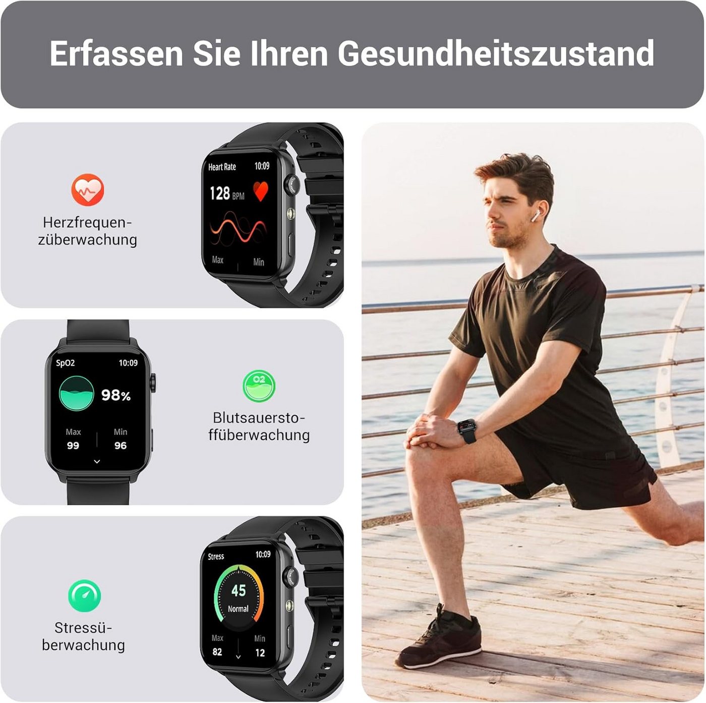 IOWODO Smartwatch Damen Herren 1,91" HD Touch, mit LED Lampe& Bluetooth Anruf Smartwatch, 3xRiemen (Metallarmband+Silikonarmband+Geflochtenesband) und Ladekabel – Bild 4 von 5